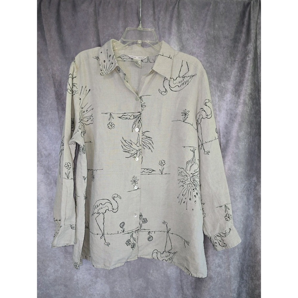 Edward Woman 100%  Linen Safari Blouse 1X Shirt Art Line Drawing Button Up